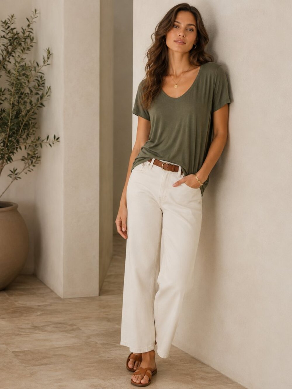 Old Navy Luxe Top Womens L Olive Green Soft Rayon Scoop Neck Relaxed Tee